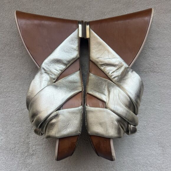 Sergio Rossi Metallic Gold Wood Wedge Heeled Sandal Women EU 37.5 US 7.5 Knotted - Picture 6 of 16